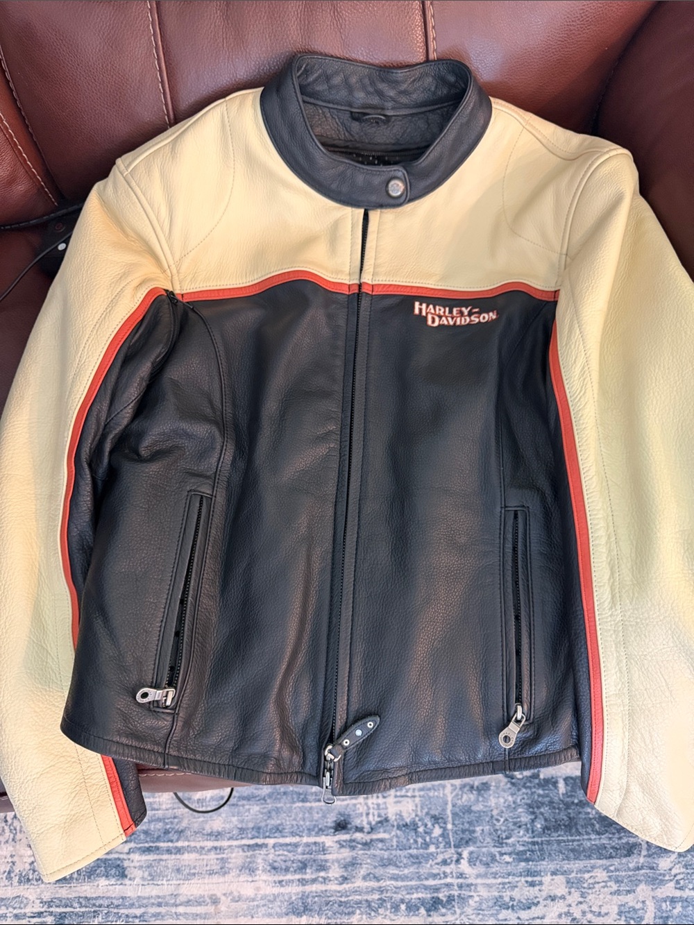 Harley-Davidson Black, Cream & Orange Leather Riding Jacket